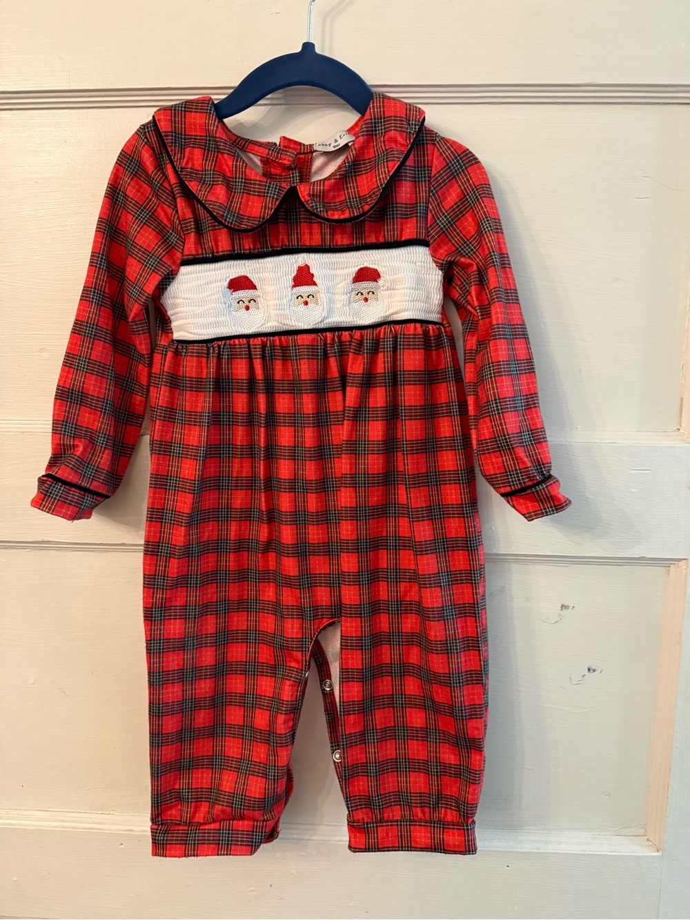 Classic Red Plaid Smocked Santa Footie - Kids One Piece